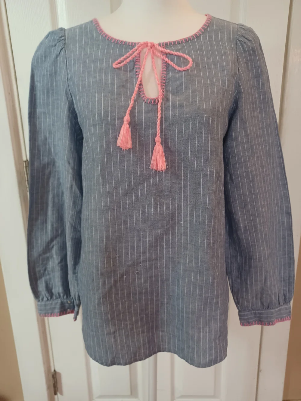 GAP Linen-Blend Striped Peasant Top, Grayish-Blue with Pink Tassels Size S Boho